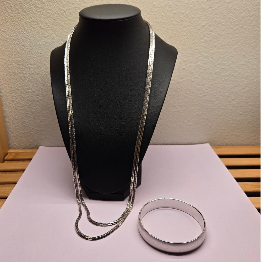 Vintage Monet Jewelry Lot Silver Tone Layered Long 55" Chain Necklace Bangle Set